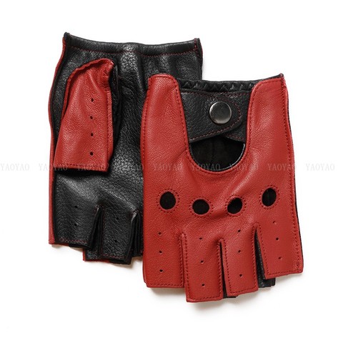 Gants fins demi-doigt en cuir véritable 100% pur pour homme, peau de mouton véritable rouge/marron/bleu, pour la conduite, Luvas Guantes, printemps ► Photo 1/6