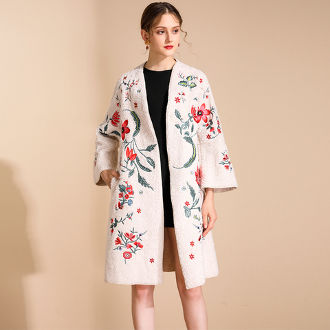 Manteau d'hiver en laine d'agneau de haute qualité pour femme, col en v brodé, Style chinois, chaud, élégant, ample, M-2XL ► Photo 1/6