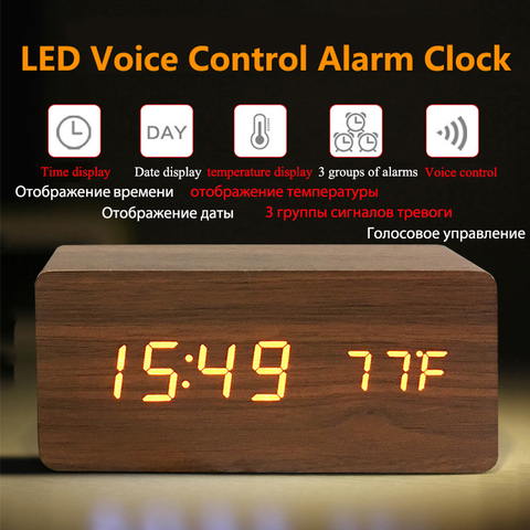 Réveil en bois à LED, horloge de Table alimentée par USB/AAA, commande vocale, numérique, décor de Table électronique de bureau ► Photo 1/6