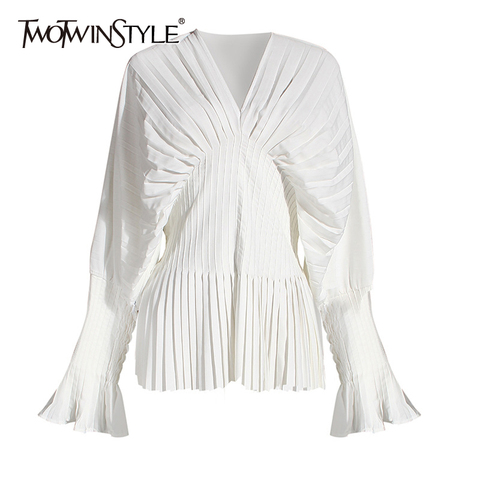 Deuxtwinstyle Blouses décontractées pour femme col en V Flare à manches longues haut Wiast plissé femmes chemises vêtements mode 2022 marée d'été ► Photo 1/6