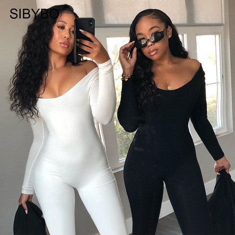 Sibybo – combinaison à manches longues pour femme, col en V, moulante, noire, décontractée, Streetwear, collection automne hiver ► Photo 1/6