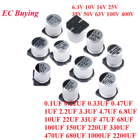 10pc SMD Aluminum Electrolytic Capacitor 6.3V 10V 16V 25V 35V 50V 63V 1UF 2.2UF 10UF 22UF 33UF 47UF 100UF 220UF 330UF 470UF 1000 ► Photo 1/5