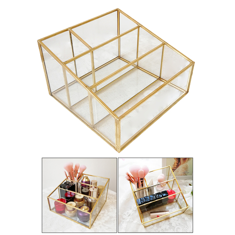 Organisateur de maquillage porte-brosse en verre stockage cosmétique vanité décoration boîte à bijoux maquillage pinceaux Case - 4 grilles vanité armoire ► Photo 1/6