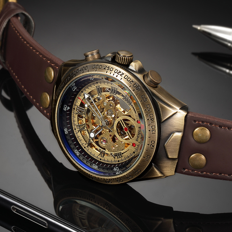 Rétro Style hommes automatique mécanique montre squelette Steampunk en cuir véritable bande hommes auto remontage montres hommes Reloj ► Photo 1/4