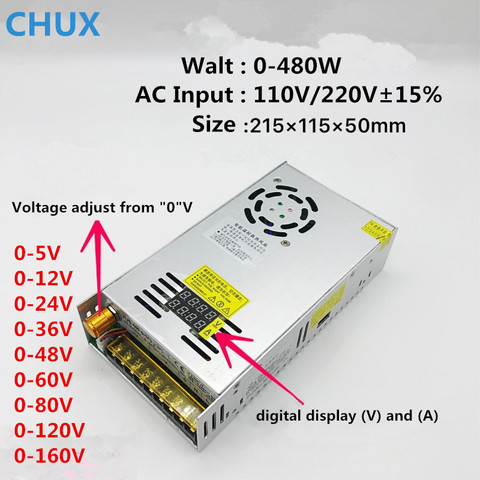 CHUX – alimentation électrique à découpage 480w, convertisseur 160, 5v 12v 24v 36v 48V 60v AC-DC v, affichage réglable, 80V 120v 220v, alimentation LED ► Photo 1/4