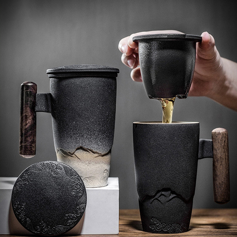 Tasse à thé de luxe en céramique de grande capacité, tasse à eau noire avec couvercle, tasse à thé de grande capacité avec couvercle, coffret idées en bois ► Photo 1/6