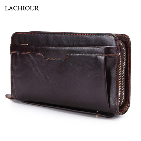 Lachiour-pochette en cuir véritable hommes, pochette portefeuille longue pour pièce de monnaie porte-monnaie à Double fermeture éclair, sac pour porte-cartes ► Photo 1/6