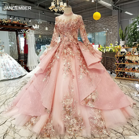 LS320400 rose spécial robes de fête gonflées 2022 col haut à manches longues en Tulle à lacets dos peut faire pour musulman ► Photo 1/6