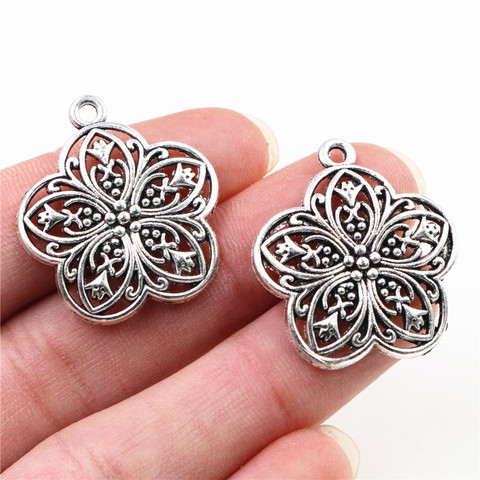 8 pièces de fleur plaquée argent Antique, 29x25mm, Style fait à la main, bricolage pour bracelet, pendentif à breloques, necklace-P4-15 ► Photo 1/2