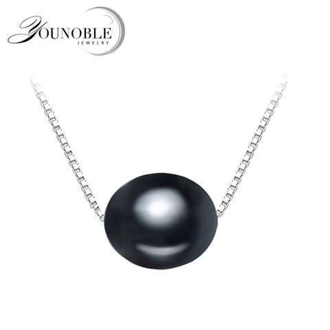 Collier de perles d'eau douce naturelles noires pour femmes, pendentif de mariage en argent Sterling 925 de 8 à 10mm ► Photo 1/5