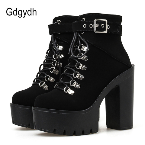 Gdgydh – bottes d'hiver à lacets pour femmes, chaussures à plateforme avec boucle, talons épais, avec fermeture éclair, lanière à la cheville, en daim noir, style gothique ► Photo 1/6