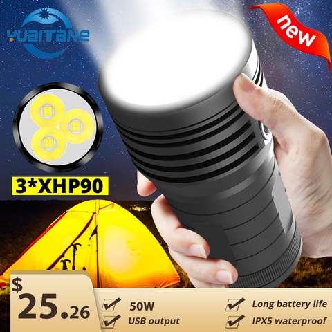 300000LM 3 * XHP90 Ultra puissant projecteur LED lampe de poche 10400mah batterie externe intégré 4*18650 lumière de Camping Rechargeable ► Photo 1/6