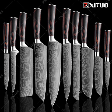 XITUO ensemble de couteaux de Chef japonais en acier inoxydable amélioré, Kiritsuke Santoku Laser, motif damas, couteau de cuisine ► Photo 1/6