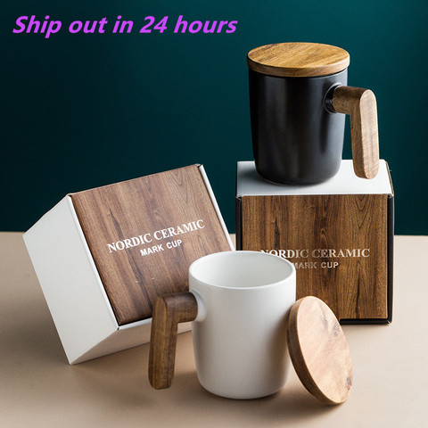 Tasses cadeau poignée en bois avec couvercle tasse à café amoureux tasses à café coffret cadeau rétro tasse à café en céramique ► Photo 1/5