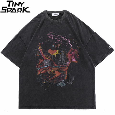 Hip Hop Oversize lavé T-Shirt Streetwear Harajuku déchiré graphique imprimé T-Shirt 2022 hommes printemps été manches courtes T-Shirt ► Photo 1/6