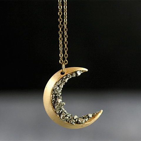 Collier en cristal écrasé doré croissant de lune, Long, Vintage, breloque pour femmes, chaîne de déclaration, bijoux ► Photo 1/5