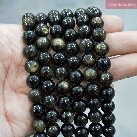 Perles rondes en obsidienne or lisse, pour la fabrication de bijoux, 15 pouces, brin 4 6 8 10 12 14MM, accessoires pour colliers et bracelets ► Photo 1/2