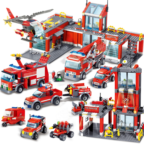 QWZ-ensembles de blocs de construction de stations de pompiers de ville, moteurs de pompiers, camions de combat, briques éclairées, jouets Playmobil pour enfants, cadeaux ► Photo 1/6