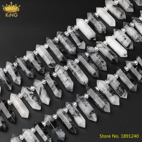 Perles en Quartz rutilé noir naturel, 15.5 pouces/brin, perles amples à Double pointe pour bijoux, perles d'espacement en cristal Top percé, bricolage ► Photo 1/6