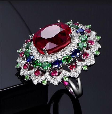 Bague de luxe en Zircon multicolore pour femmes, couleur argent, grande fleur, cadeau de fête, Bijoux de fiançailles, de mariage ► Photo 1/5