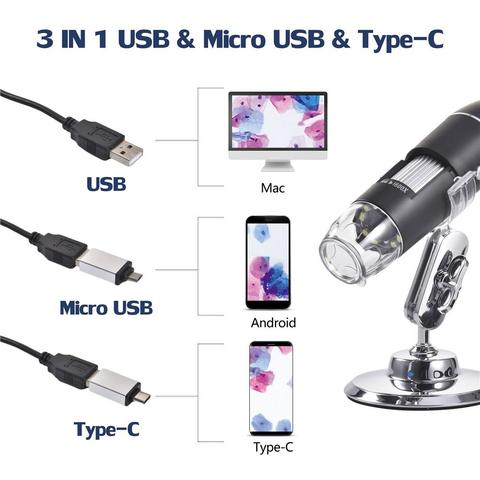 Microscope numérique 1600X 8 LED, méga Pixels, type-c/Micro pour téléphone Android, USB pour PC, loupe électronique stéréo USB Endoscope C ► Photo 1/6