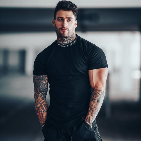 T-shirt manches courtes homme, Slim et décontracté, en coton, pour Fitness, musculation et entraînement, été ► Photo 1/6