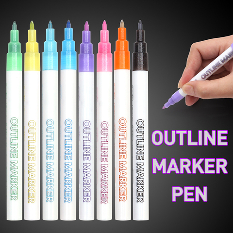 Stylo Double ligne, stylo marqueur à paillettes 8 couleurs stylos fluorescents pour l'écriture de carte-cadeau, dessin, artisanat d'art bricolage ► Photo 1/6