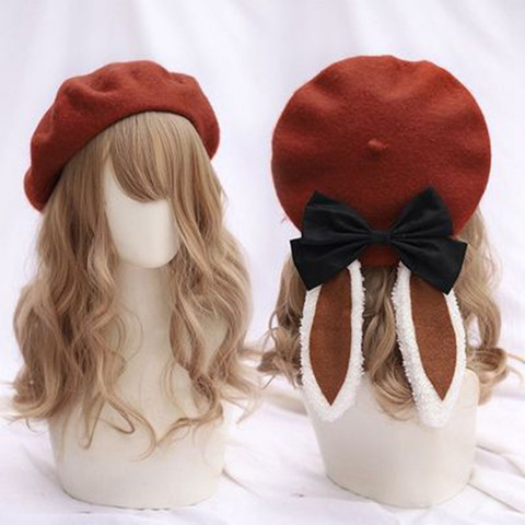 Béret pour filles, chapeau chaud unisexe, oreilles de lapin mignonnes, béret Lolita, chapeau d'artiste, dôme rose, couleur unie, décoration, vente en gros ► Photo 1/6