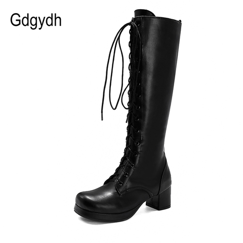 Gdgydh 2022 automne à lacets femmes moto bottes carrés à talons bas genou bottes hautes hiver femme chaussures grande taille ► Photo 1/6