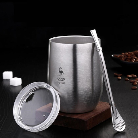 Double paroi 304 tasse en acier inoxydable tasse à thé avec couvercle résistant à la chaleur Portable bière tasse avec cuillère paille 377ml ► Photo 1/6