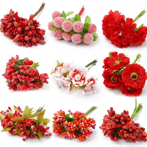 Faisceaux de baies en étamines de cerises, fleurs rouges mélangées, pour décorer une boîte à cadeau de mariage de noël, avec couronne, 5/6/8/10/12/50/70/90 pièces ► Photo 1/6