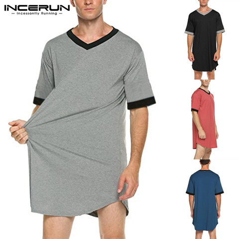 INCERUN hommes sommeil Robes chemise de nuit à manches courtes col en V vêtements de maison en vrac confortable Patchwork hommes peignoirs robe de chambre S-5XL ► Photo 1/6