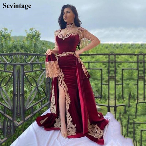 Sevintage – robe de soirée en velours, 4 pièces, style arabe, style sirène, jupe large fendue, avec des appliques en dentelle, col haut, avec des franges, tenue algérien ► Photo 1/5