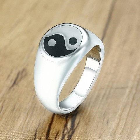 Bague Tai Chi Yin Yang pour hommes, anneau de potins, couleur argent en acier inoxydable, émail rond, bijou Zen taoïste ► Photo 1/6