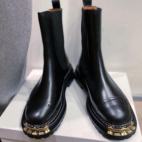 Bottines Chelsea en cuir noir pour femme, chaussures à bout rond et plateforme, bottes d'hiver sculptées, nouvelle collection 2022 ► Photo 1/6