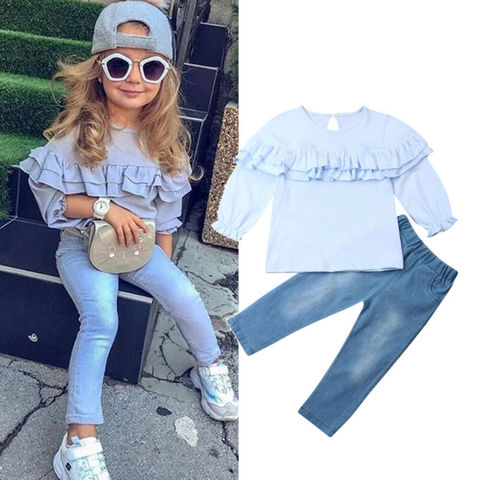 1-6Y Enfants Bébé Fille Vêtements Ensembles Bleu À Manches Longues À Volants T-Shirts Hauts + Denim Pantalons Jeans Tenues Enfants Automne Vêtements ► Photo 1/6