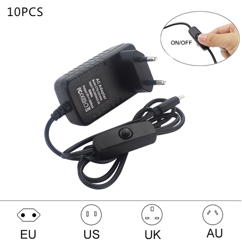 Adaptateur d'alimentation pour Raspberry Pi 4, 10 pièces, 5V, 3A, avec interrupteur ON-OFF, modèle B, USB C, prise EU, US, UK, AU, chargeur pour RPi 4 ► Photo 1/6