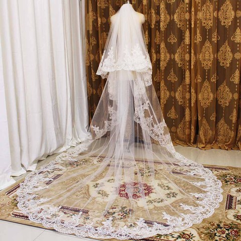 Voile de mariage de haute qualité avec 2 couches de dentelle soignée avec peigne, couverture pour visage, accessoires de mariage, 2T, 3 mètres ► Photo 1/6