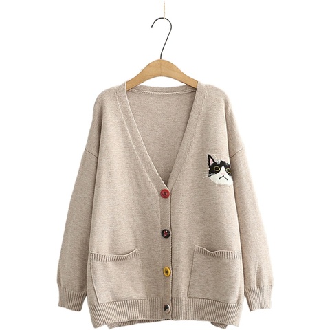 Cardigans en tricot pour femmes, pull à manches longues, col en v, broderie de chat de dessin animé, décontracté, boutons multicolores, Style Preppy, hiver, 2022 ► Photo 1/6