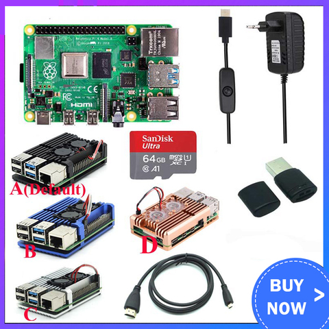 Kit d'origine Raspberry Pi 4 modèle B + boîtier en aluminium + dissipateur de chaleur + interrupteur 3A + Option Micro HDMI carte SD 64 32 go | Lecteur ► Photo 1/6