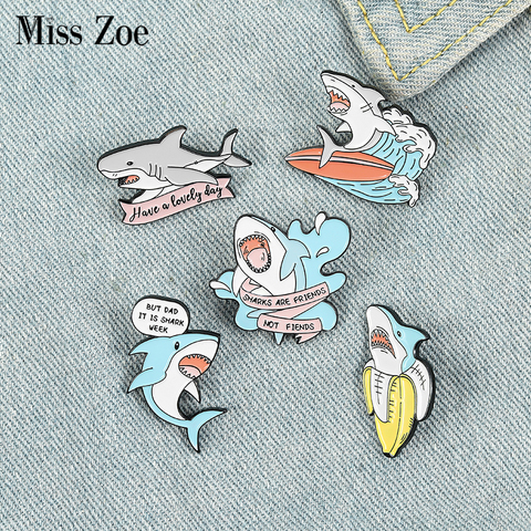 Broche en émail pour enfants Shark Friends, personnalisée banane, broches de surf, sac à revers, Badge d'animaux amusants, mignon, cadeau pour enfants ► Photo 1/6