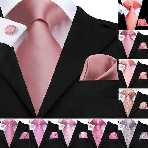Hi-tie-Tie-boutons de manchettes, cravate de mariage classique pour hommes, 100% soie corail Rose, rouge et poches, ensemble de boutons de manchette, couleur Paisley solide ► Photo 1/6