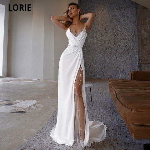 LORIE blanc sirène robes de mariée doux Satin plage robes de mariée col en v bretelles Spaghetti luxe perles princesse robes de fête ► Photo 1/6