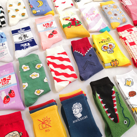 Creative haute qualité mode Harajuku Kawaii heureux chaussettes femmes lait nourriture peinture fraise Animal imprimer chaussettes drôles chaussette mignonne ► Photo 1/6