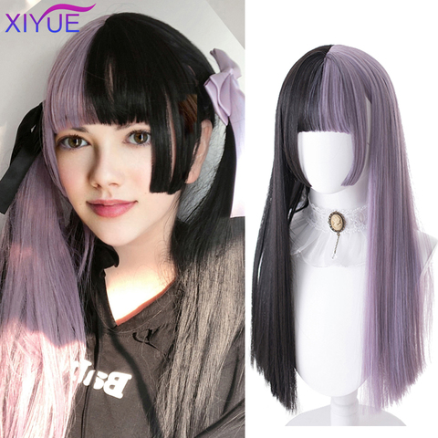 Perruque de Cosplay Lolita, cheveux longs et lisses, coupe princesse, Double queue de cheval, couleurs assorties, violet, noir, deux couleurs ► Photo 1/6