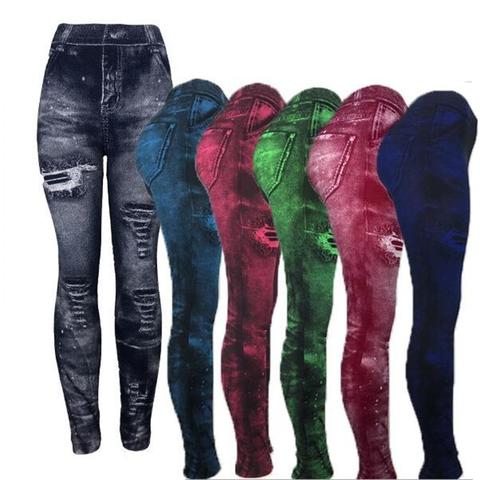 Femmes 2022 Imitation en détresse Denim Leggings décontracté taille haute mince élastique crayon pantalon Sport Leggins Femal Push Up ► Photo 1/6