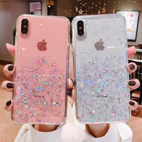 Coque scintillante en TPU souple pour iPhone, compatible modèles 8, 7 Plus, 6, 6S, X, XR, XS MAX, 10, transparente, étoiles scintillantes ► Photo 1/6