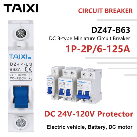 Disjoncteur de véhicule électrique protecteur de batterie Circuit de moteur à courant continu 24V 36V 48V 72V 110V tension 10A 20A 40A 63A 80A 100A 125A 2P MCB ► Photo 1/6