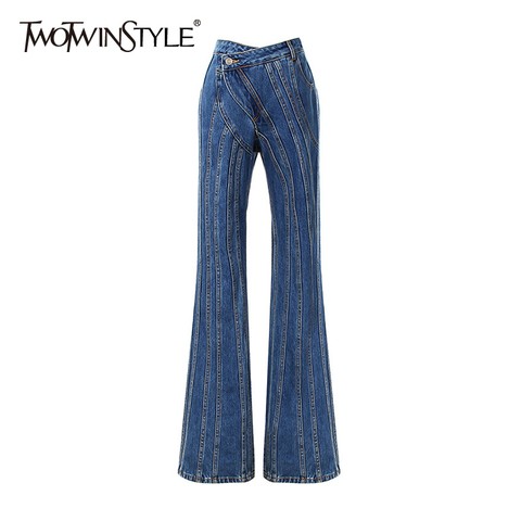 Deuxtwinstyle rayé Denim Flare jean pour les femmes taille haute décontractée pantalons irréguliers femme mode nouveaux vêtements 2022 automne marée ► Photo 1/6