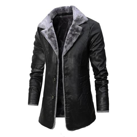 2022 hiver hommes veste en cuir couleur unie doublure velours affaires revers longueur moyenne garder au chaud noir en cuir coupe-vent ► Photo 1/6